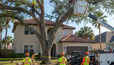 Professional arborists performing safe tree removal at a Tampa, FL residential property