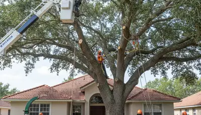 Arborists using bucket truck for large tree removal at a Brandon, FL home near Tampa