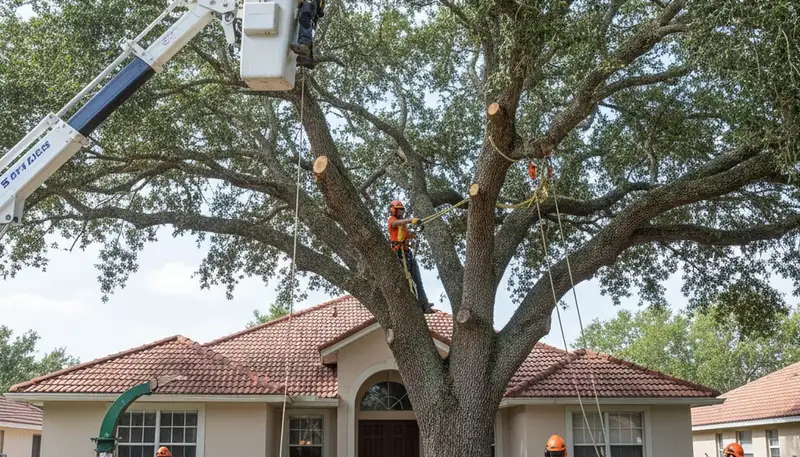 Arborists using bucket truck for large tree removal at a Brandon, FL home near Tampa