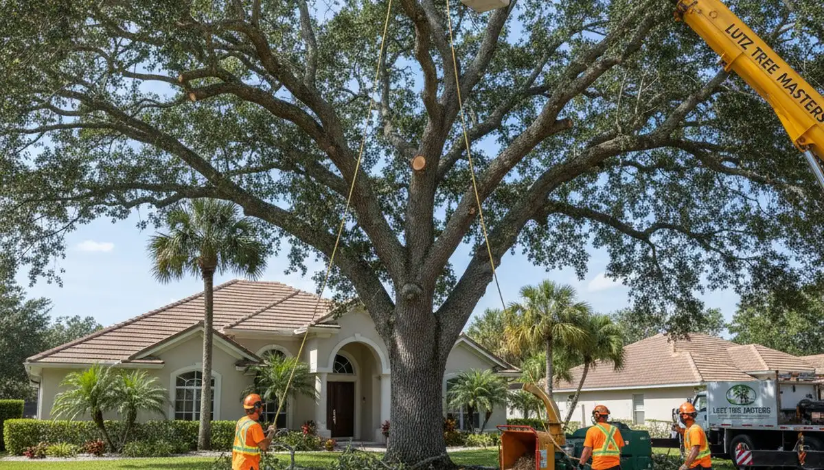 Arborists using bucket truck for large tree removal at residential property in Lutz, Tampa FL