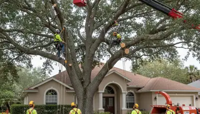 Arborists use bucket truck for large tree removal at residential property in Oldsmar, Tampa FL