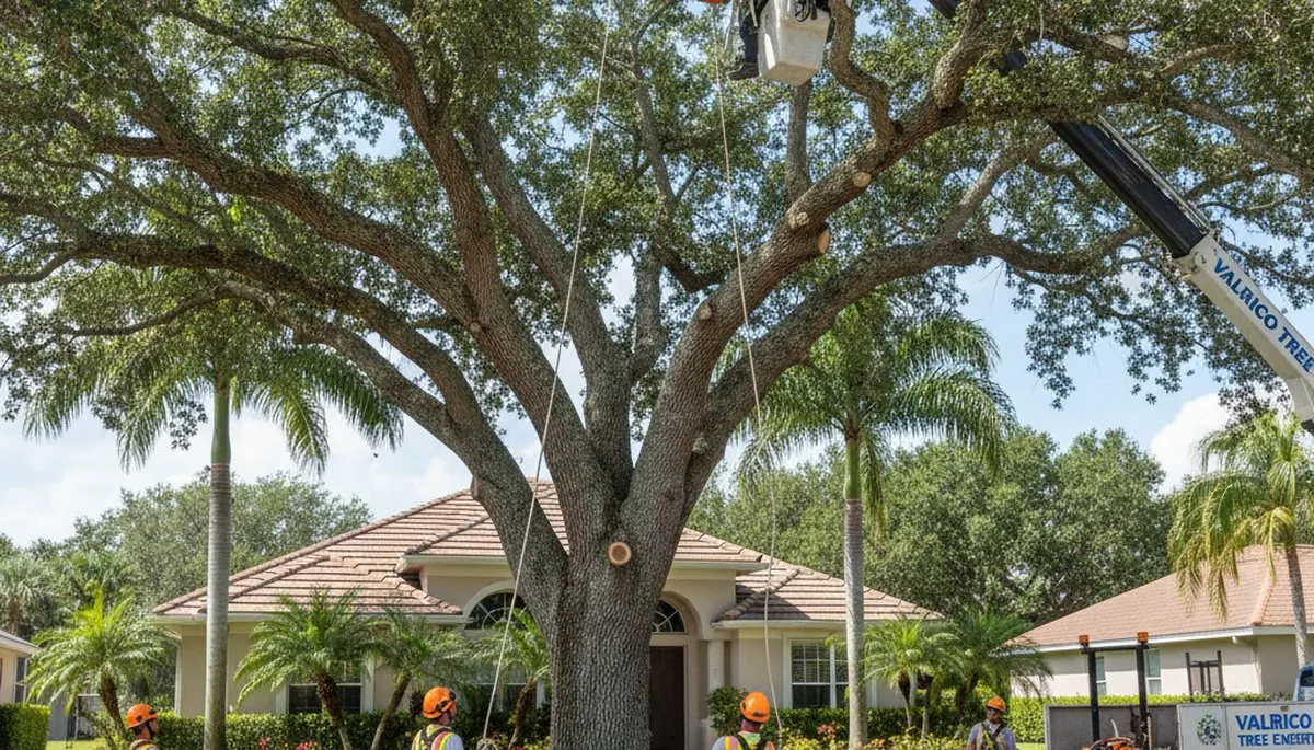 Professional arborists performing large tree removal with bucket truck in Valrico, FL near Tampa