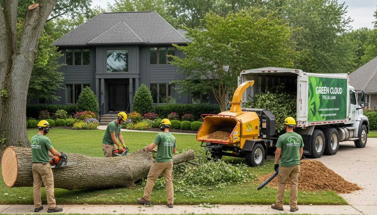 Professional lawn and tree service team working in Tampa, FL yard with specialized equipment