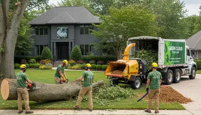 Professional lawn and tree service team working in Tampa, FL yard with specialized equipment
