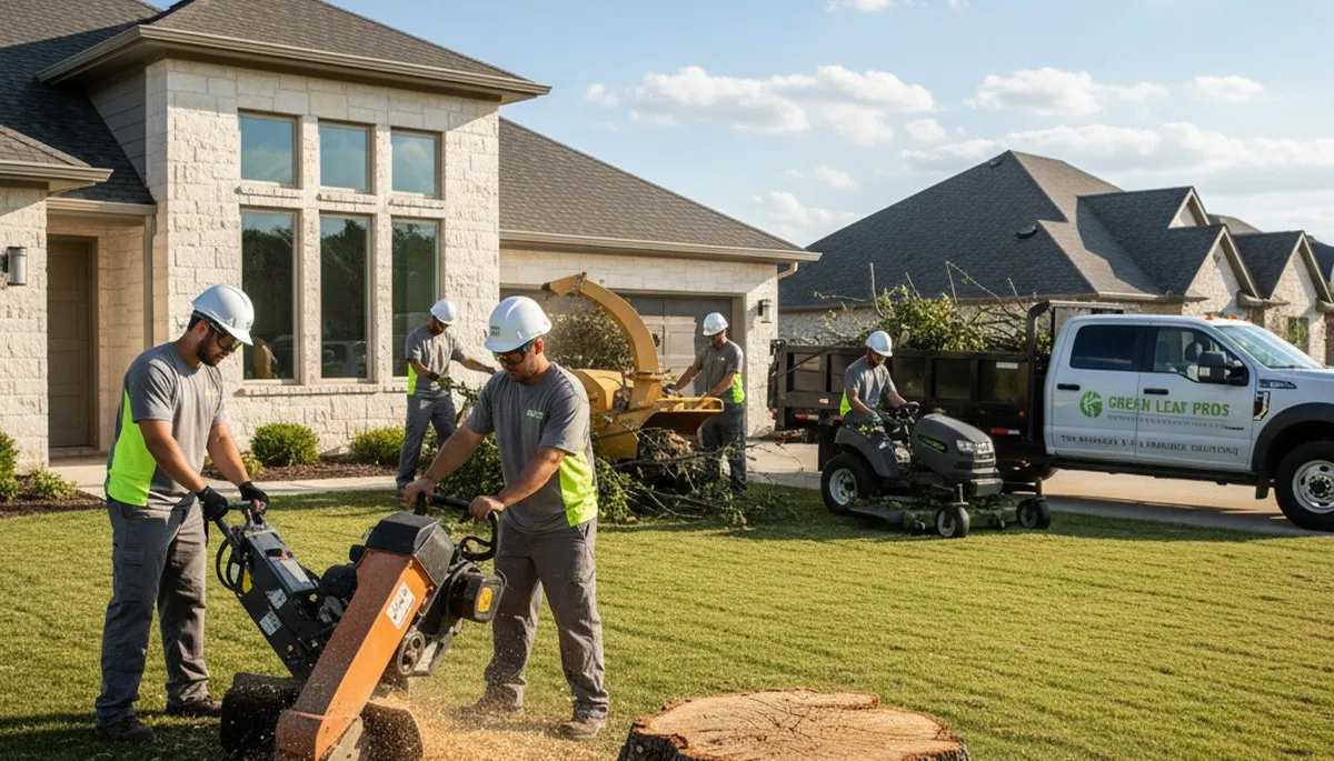 Professional lawn and tree service crew working in Tampa, FL yard maintenance project