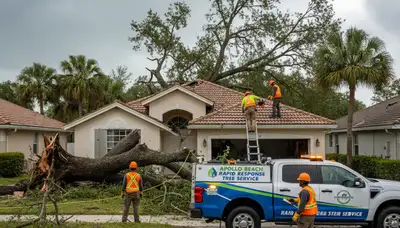 Emergency tree removal crew clearing storm-damaged trees in Apollo Beach, Tampa FL neighborhood