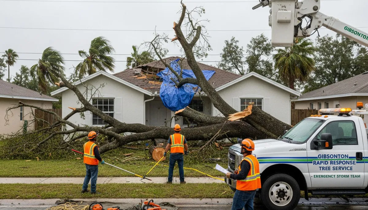 Emergency tree removal crews clearing storm damage in Gibsonton, FL after severe Tampa Bay storms