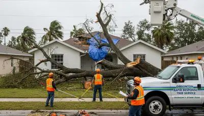 Emergency tree removal crews clearing storm damage in Gibsonton, FL after severe Tampa Bay storms