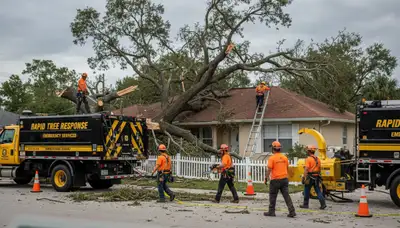 Emergency tree removal crew clearing storm damage in Thonotosassa, FL near Tampa homes