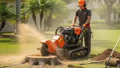 Professional stump grinding service removing tree stumps in Apollo Beach, FL yard