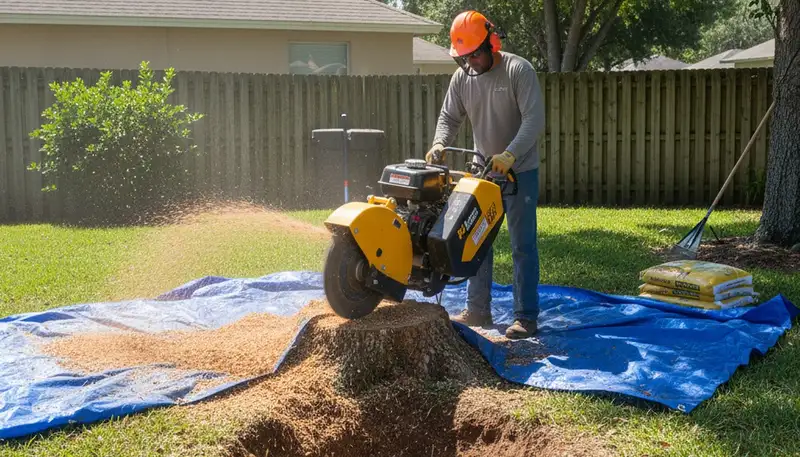 Professional stump grinding service removing tree stumps in Brandon, FL for lawn and landscape restoration
