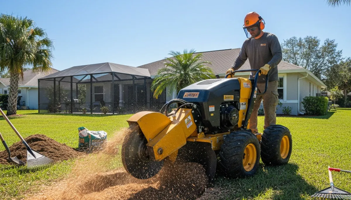 Professional stump grinding service removing tree stump in Gibsonton, FL near Tampa for lawn restoration