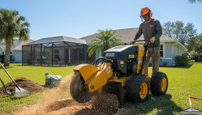 Professional stump grinding service removing tree stump in Gibsonton, FL near Tampa for lawn restoration