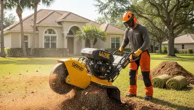 Professional stump grinding service removing tree stumps in Lutz, Tampa FL for yard restoration