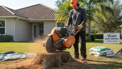 Professional stump grinding removing tree stumps in Valrico, FL yard by Tampa tree removal experts