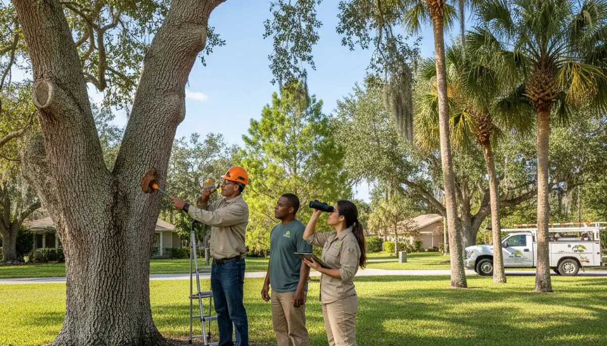 Certified arborist performing tree health assessment for homeowners in Apollo Beach, FL
