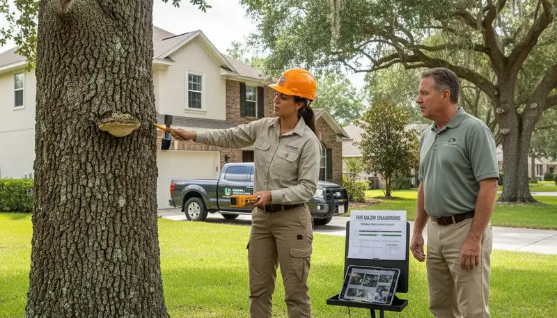 Certified arborist performing tree health assessment for homeowners in Brandon, FL near Tampa