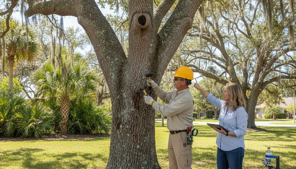 Certified arborist performing tree health assessment for homeowners in Gibsonton, FL near Tampa