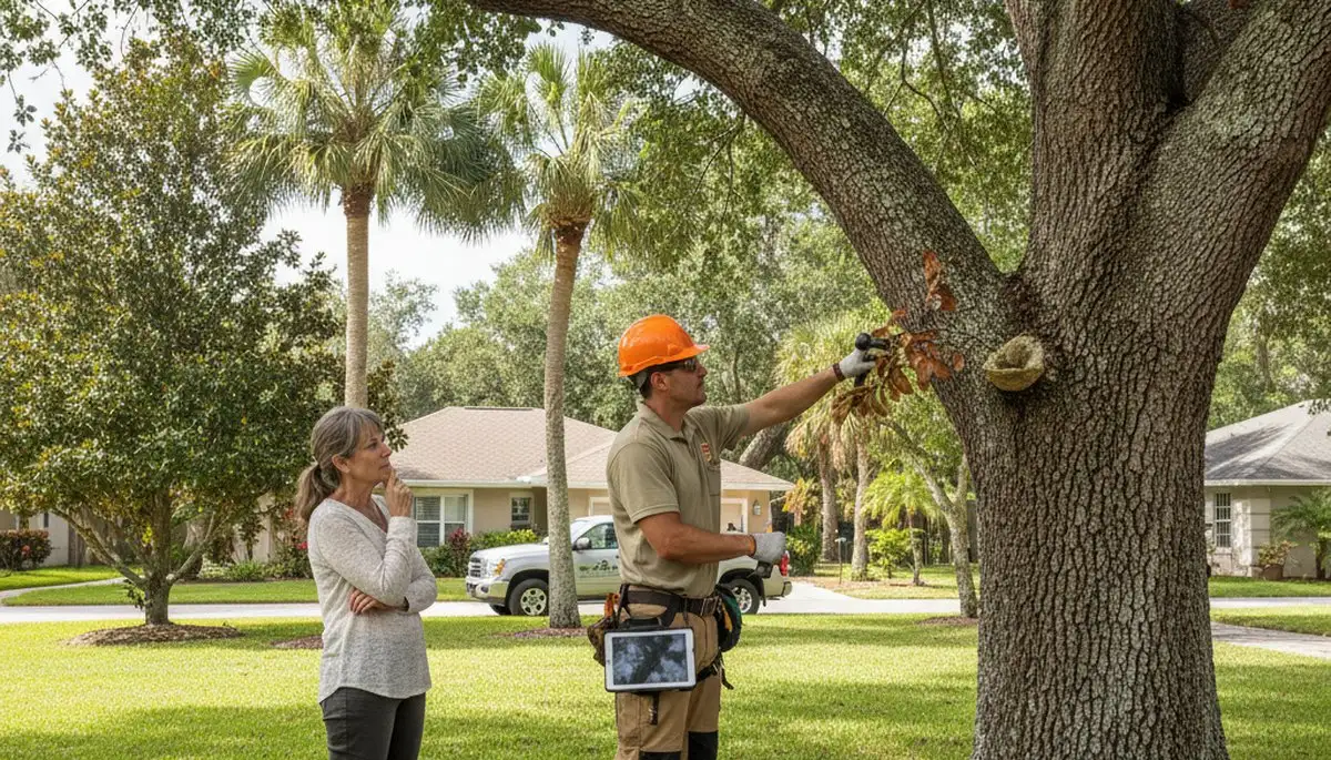 Certified arborist performing tree health assessment in Thonotosassa, FL for Tampa tree service company
