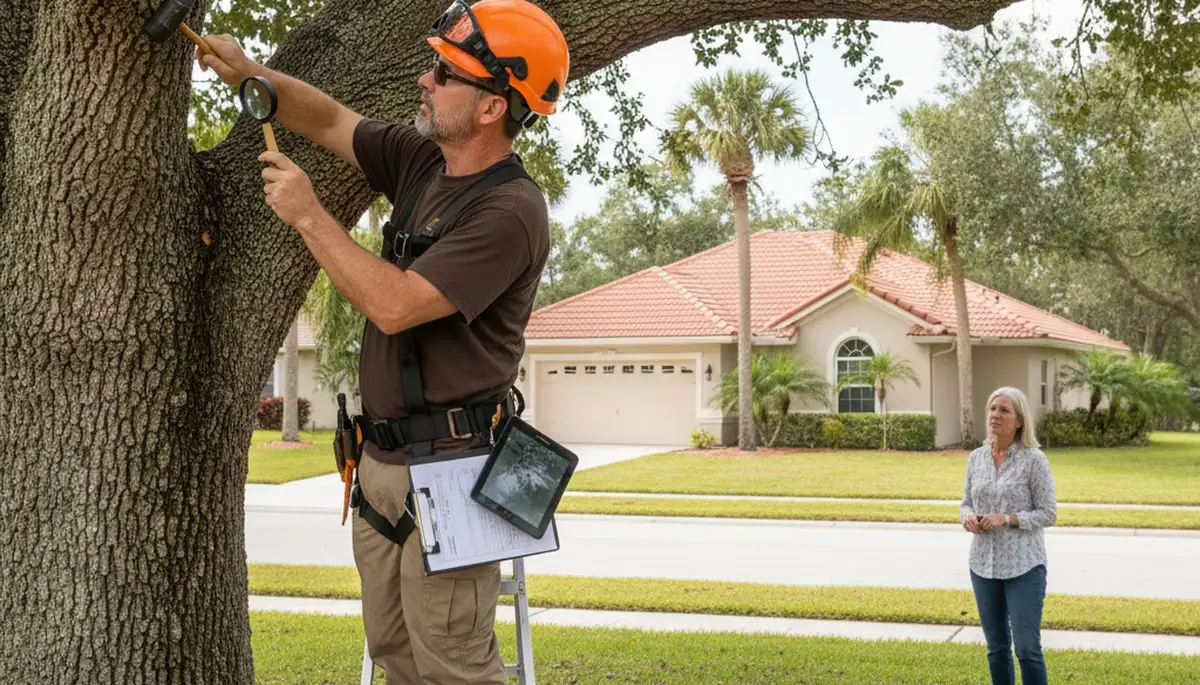 Certified arborist performing tree health assessment in Valrico, FL for safe residential tree care