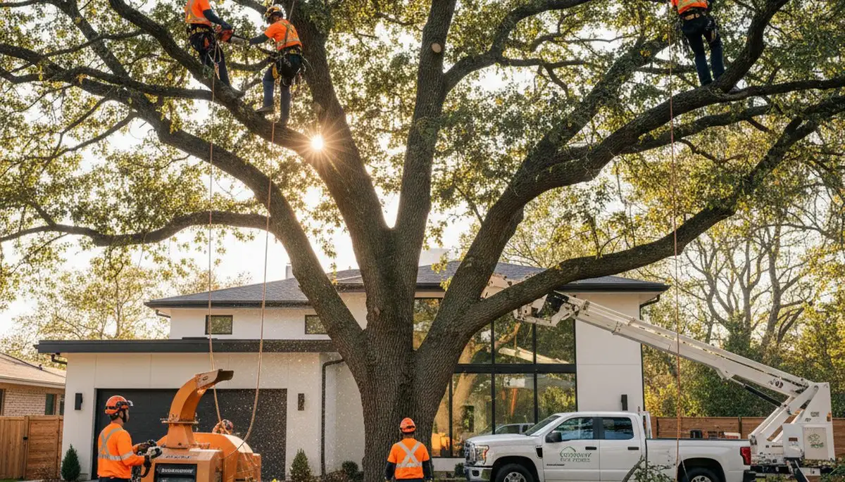Arborist pruning large oak tree in Tampa, FL for canopy health and property safety