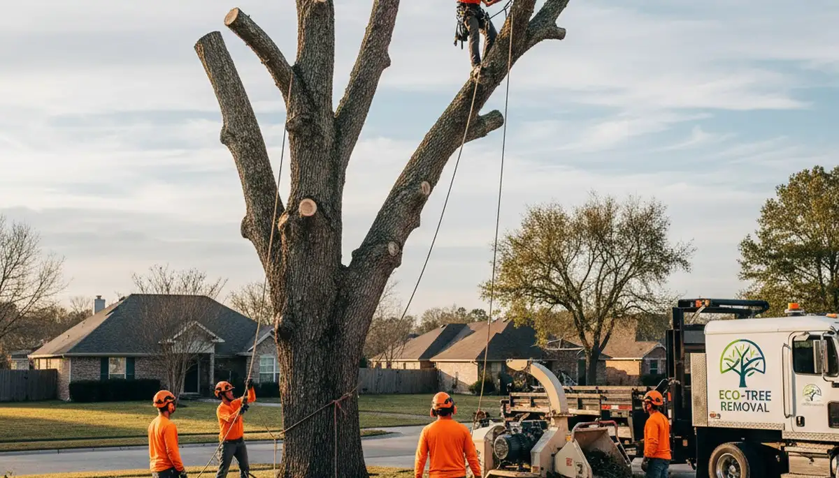 Arborist performing safe tree removal in Tampa, FL with professional equipment and safety gear