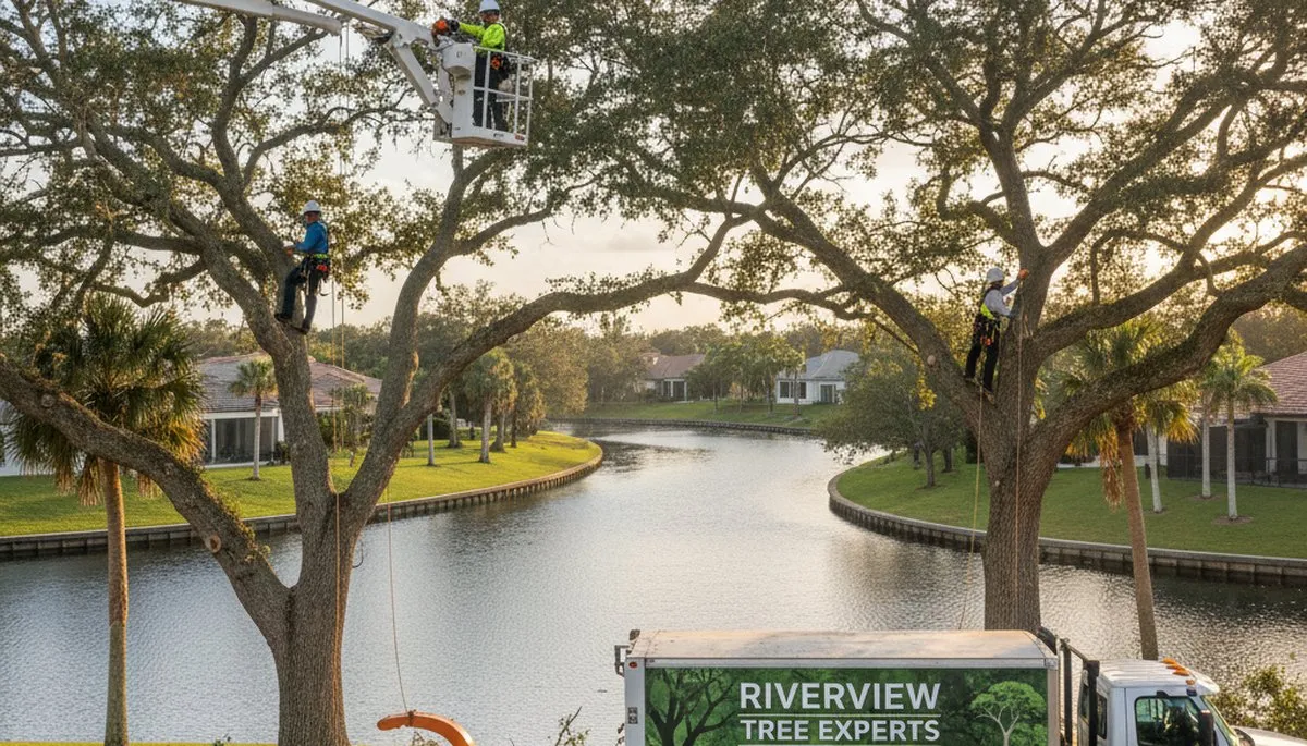 Professional tree removal service in Tampa FL safely cutting and clearing large oak tree
